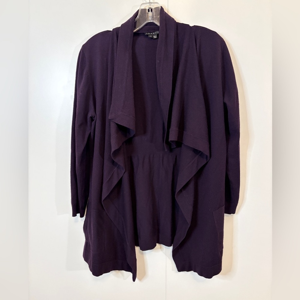 Theory Deep Purple Eggplant Open Front Cardigan with Pockets